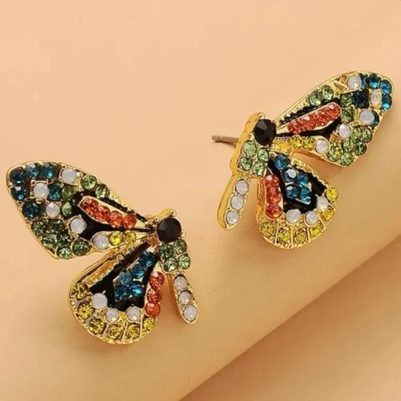 Butterfly Wings Rhinestone Stud Earrings - Picture 7 of 14